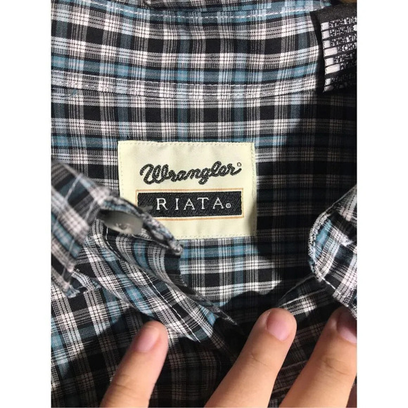Mens Wrangler Riata Button Up Shirt Blue Plaid Checkered Casual Country - Picture 2 of 6